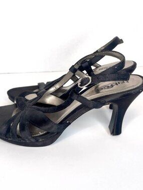 Tribeca Black Leather Sole Strappy Prom Formal Dance Heel Open Toe Shoes Sz 6.5